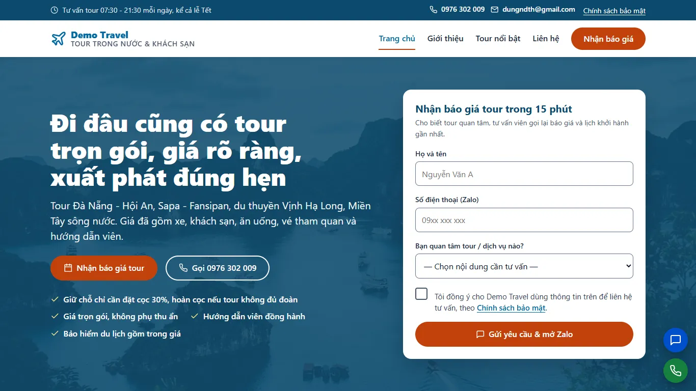 Web tĩnh Tour & Khách sạn – Trang chủ (máy tính)