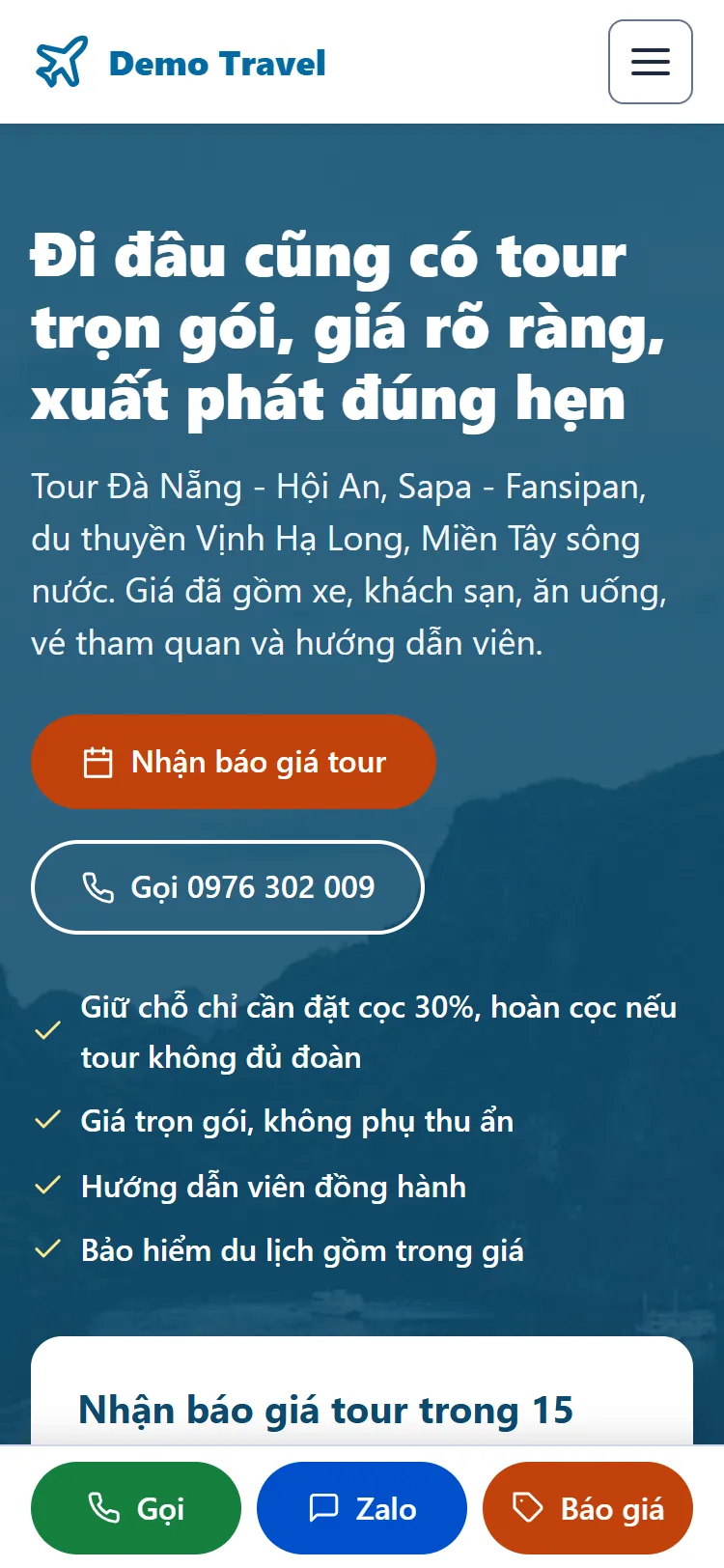 Web tĩnh Tour & Khách sạn – Trang chủ (điện thoại)