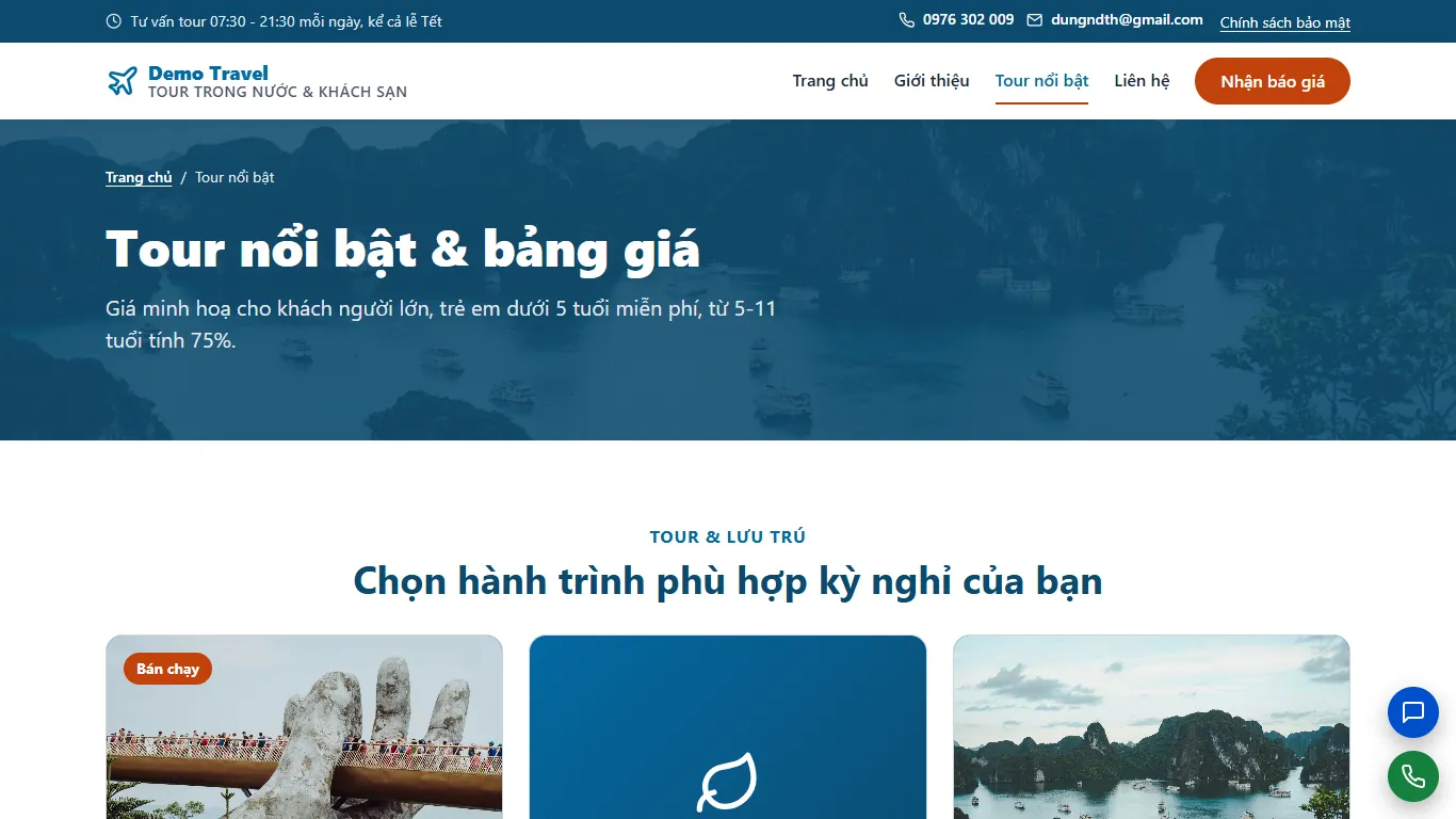 Web tĩnh Tour & Khách sạn – Dịch vụ (máy tính)