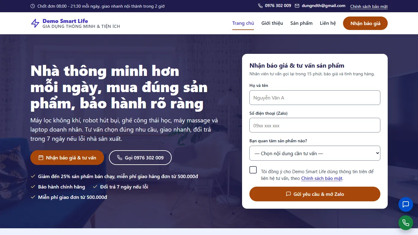 Web tĩnh Gia dụng thông minh & Tiện ích – Trang chủ (máy tính)