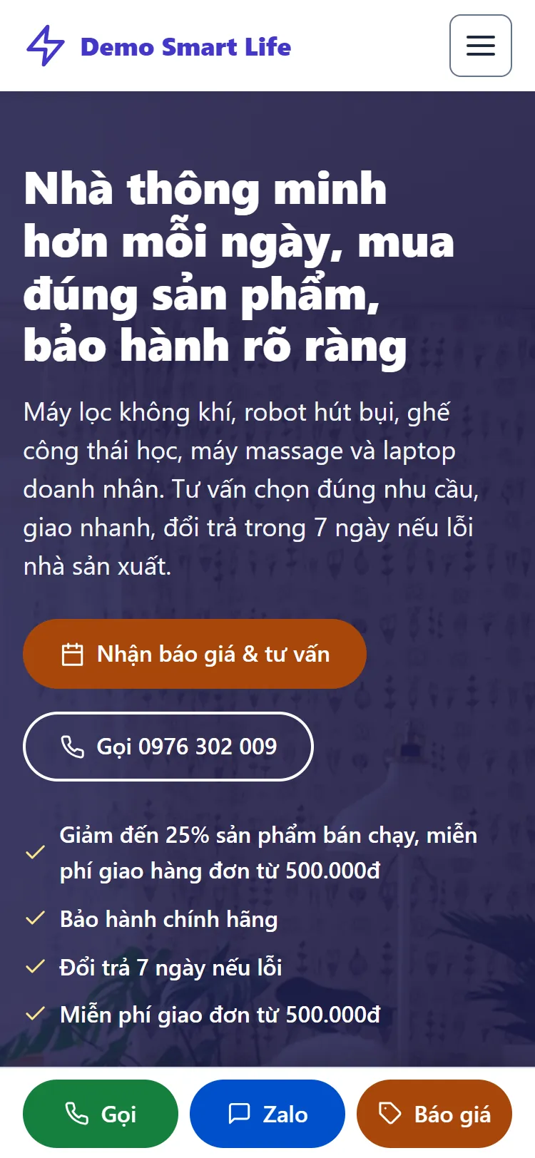 Web tĩnh Gia dụng thông minh & Tiện ích – Trang chủ (điện thoại)