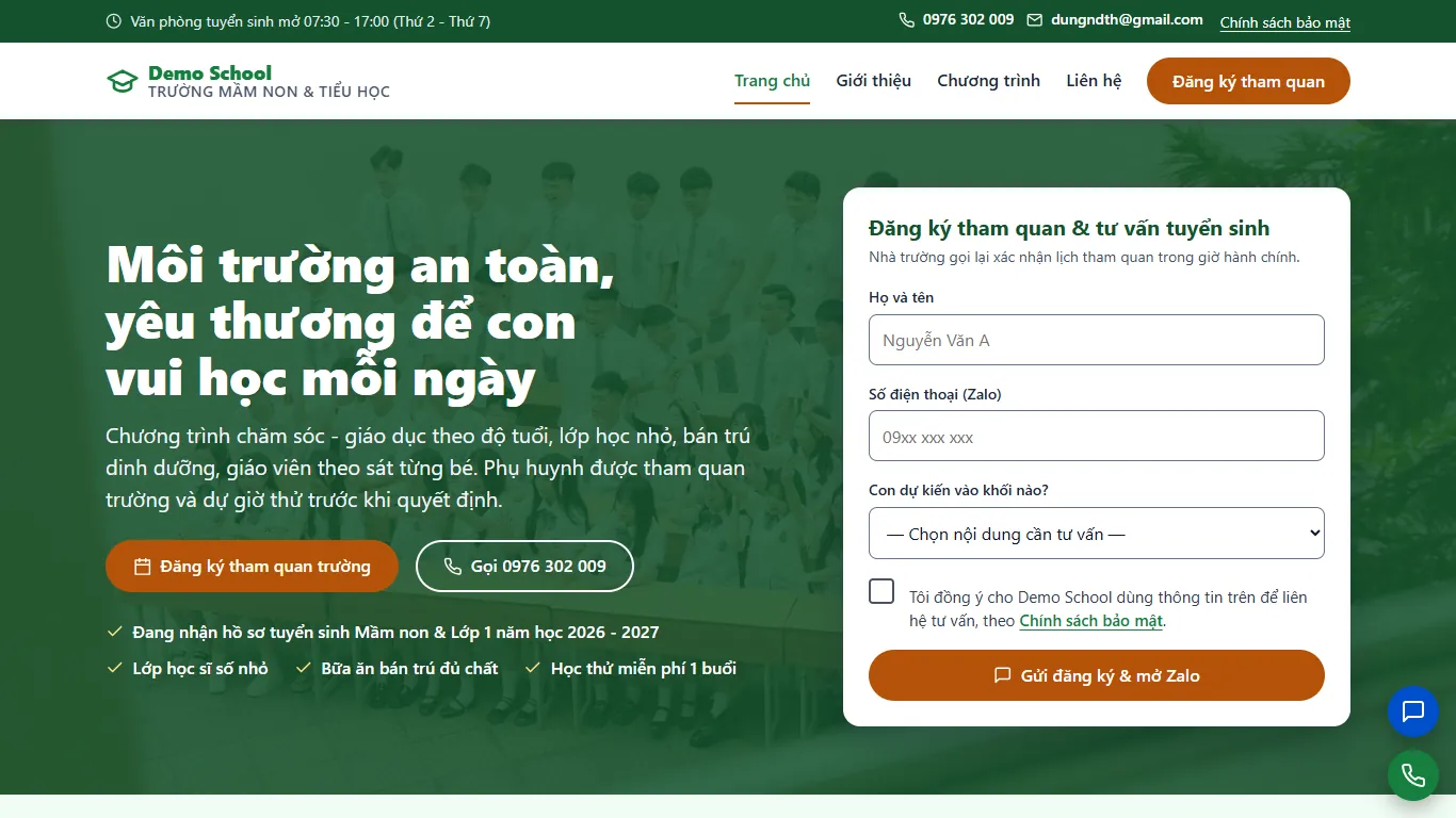 Web tĩnh Trường Mầm non & Tiểu học – Trang chủ (máy tính)