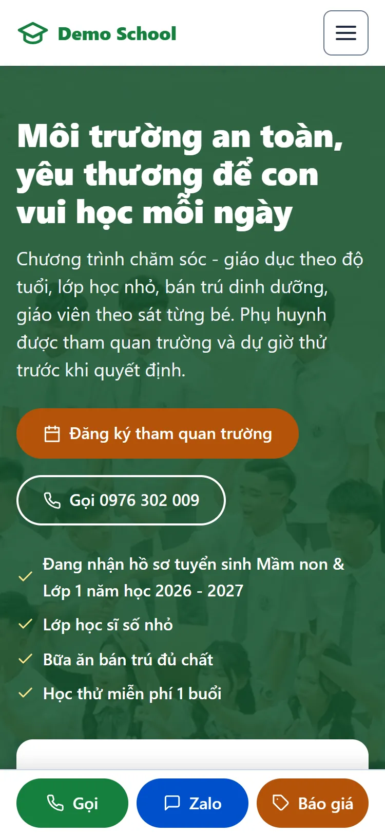 Web tĩnh Trường Mầm non & Tiểu học – Trang chủ (điện thoại)