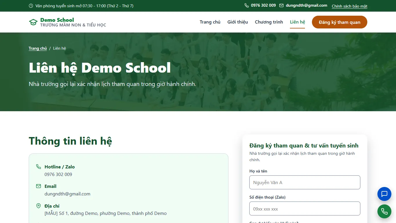 Web tĩnh Trường Mầm non & Tiểu học – lien-he (máy tính)