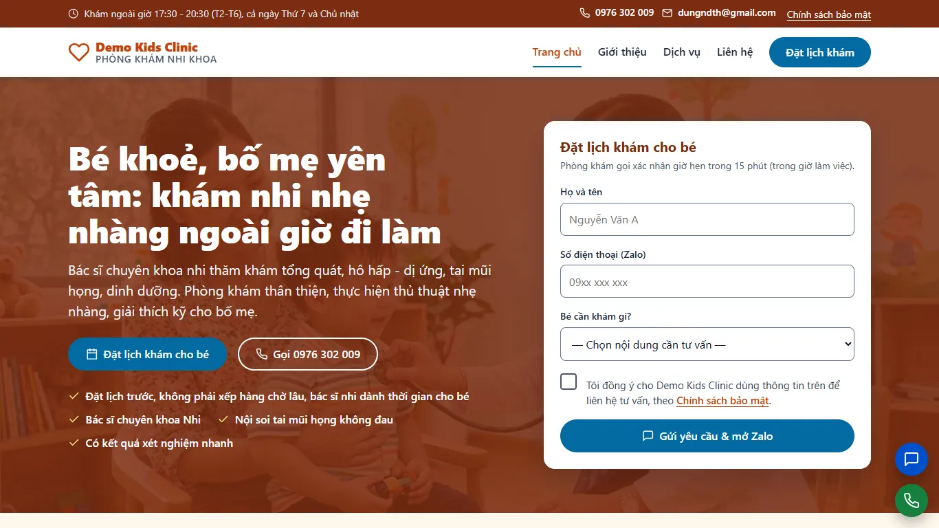 Web tĩnh Phòng khám Nhi khoa – Trang chủ (máy tính)