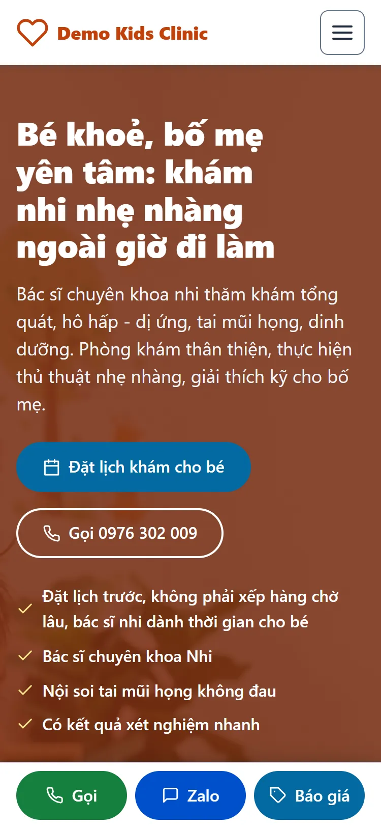 Web tĩnh Phòng khám Nhi khoa – Trang chủ (điện thoại)