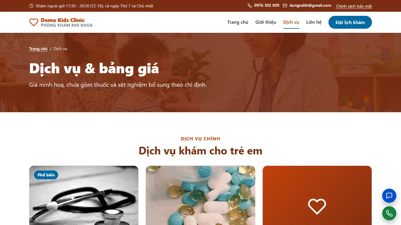 Web tĩnh Phòng khám Nhi khoa – Dịch vụ (máy tính)