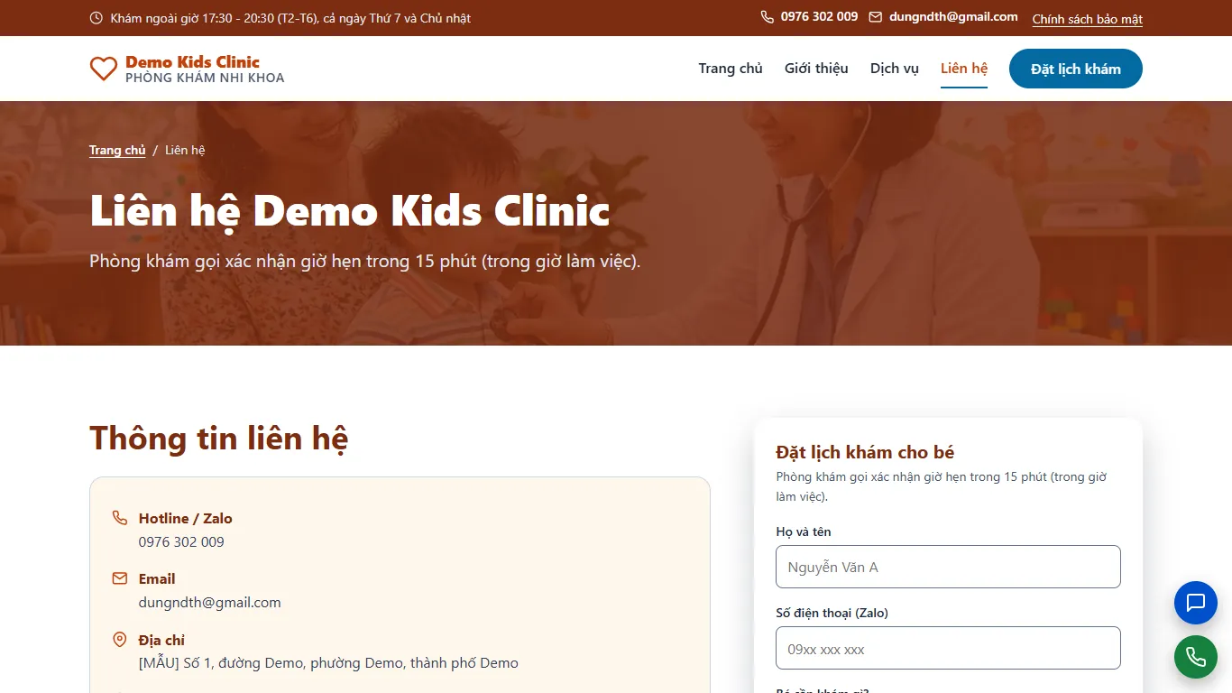 Web tĩnh Phòng khám Nhi khoa – lien-he (máy tính)