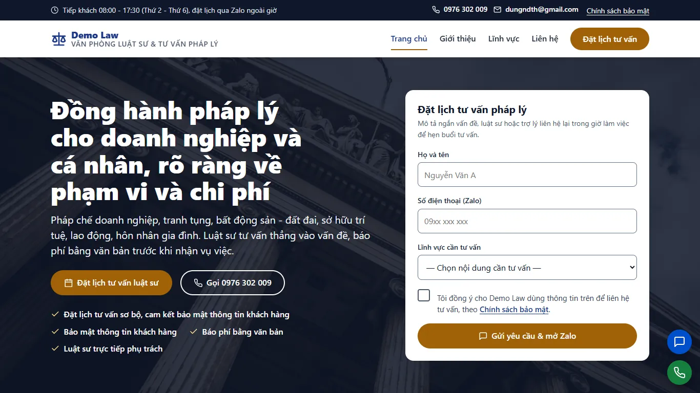 Web tĩnh Văn phòng luật sư – Trang chủ (máy tính)