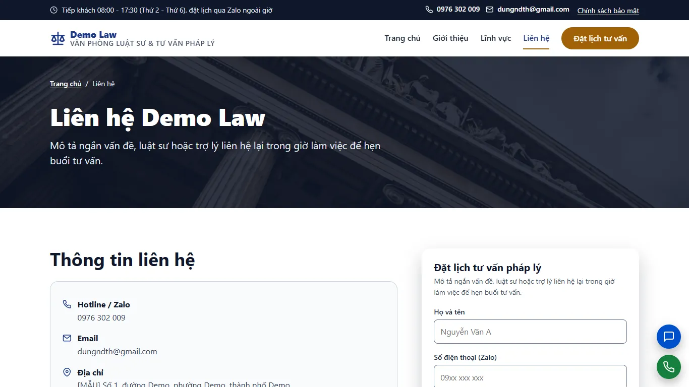 Web tĩnh Văn phòng luật sư – lien-he (máy tính)
