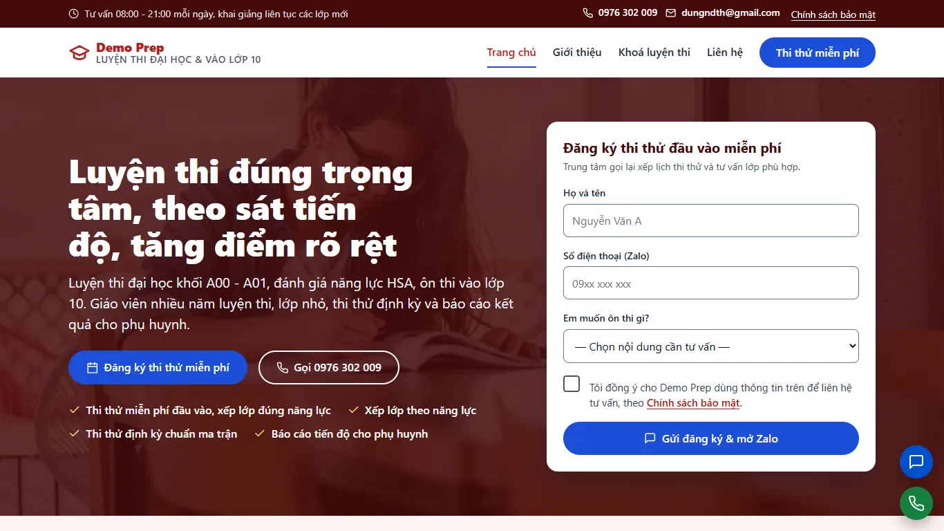 Web tĩnh Luyện thi Đại học & Vào lớp 10 – Trang chủ (máy tính)