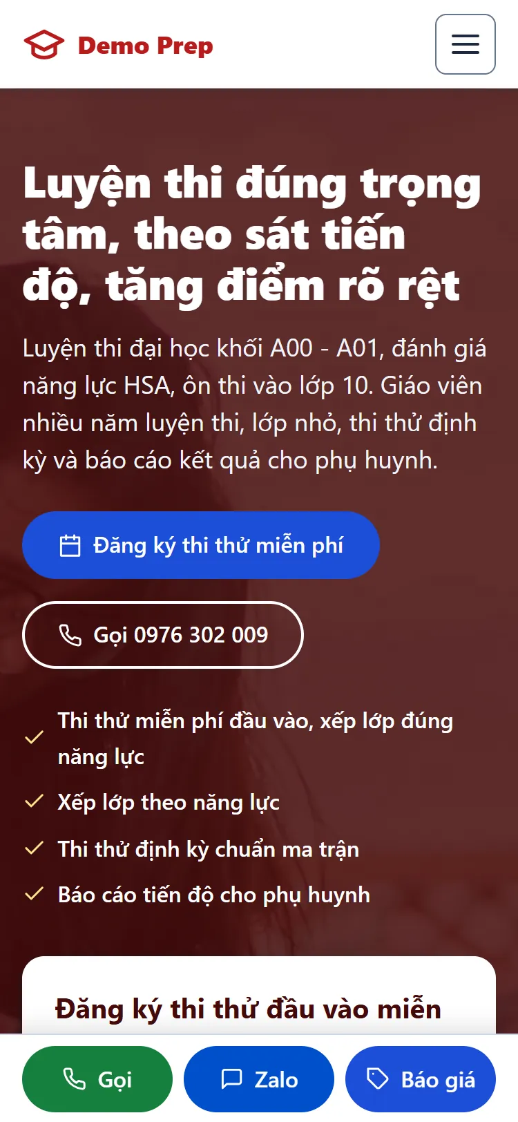 Web tĩnh Luyện thi Đại học & Vào lớp 10 – Trang chủ (điện thoại)