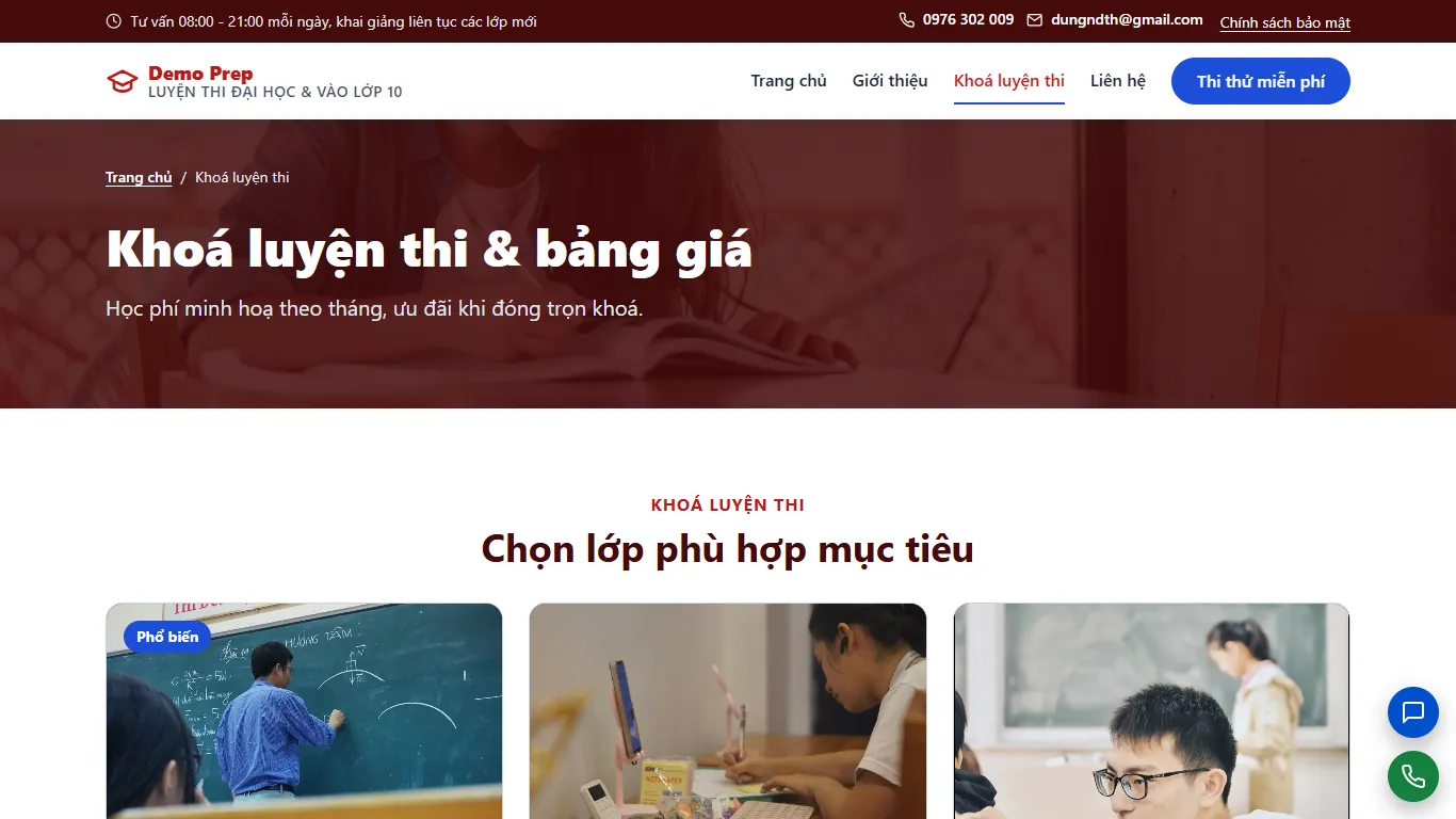 Web tĩnh Luyện thi Đại học & Vào lớp 10 – Dịch vụ (máy tính)
