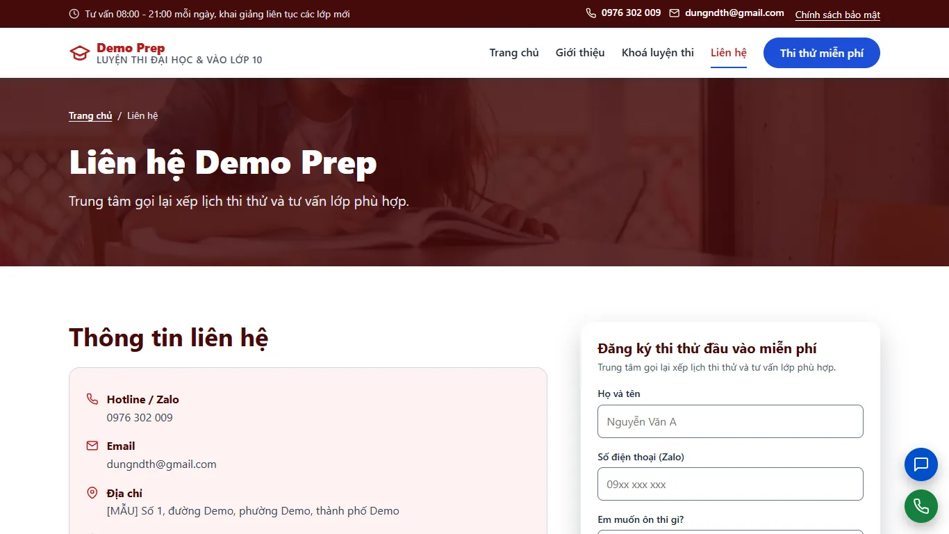 Web tĩnh Luyện thi Đại học & Vào lớp 10 – lien-he (máy tính)