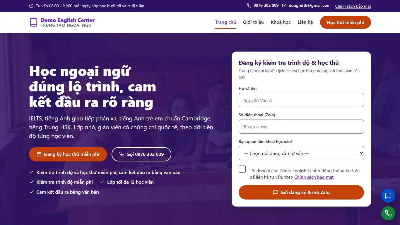 Web tĩnh Trung tâm Ngoại ngữ – Trang chủ (máy tính)