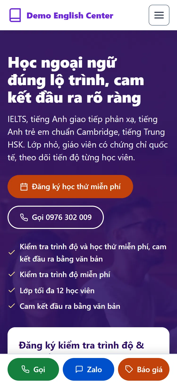 Web tĩnh Trung tâm Ngoại ngữ – Trang chủ (điện thoại)