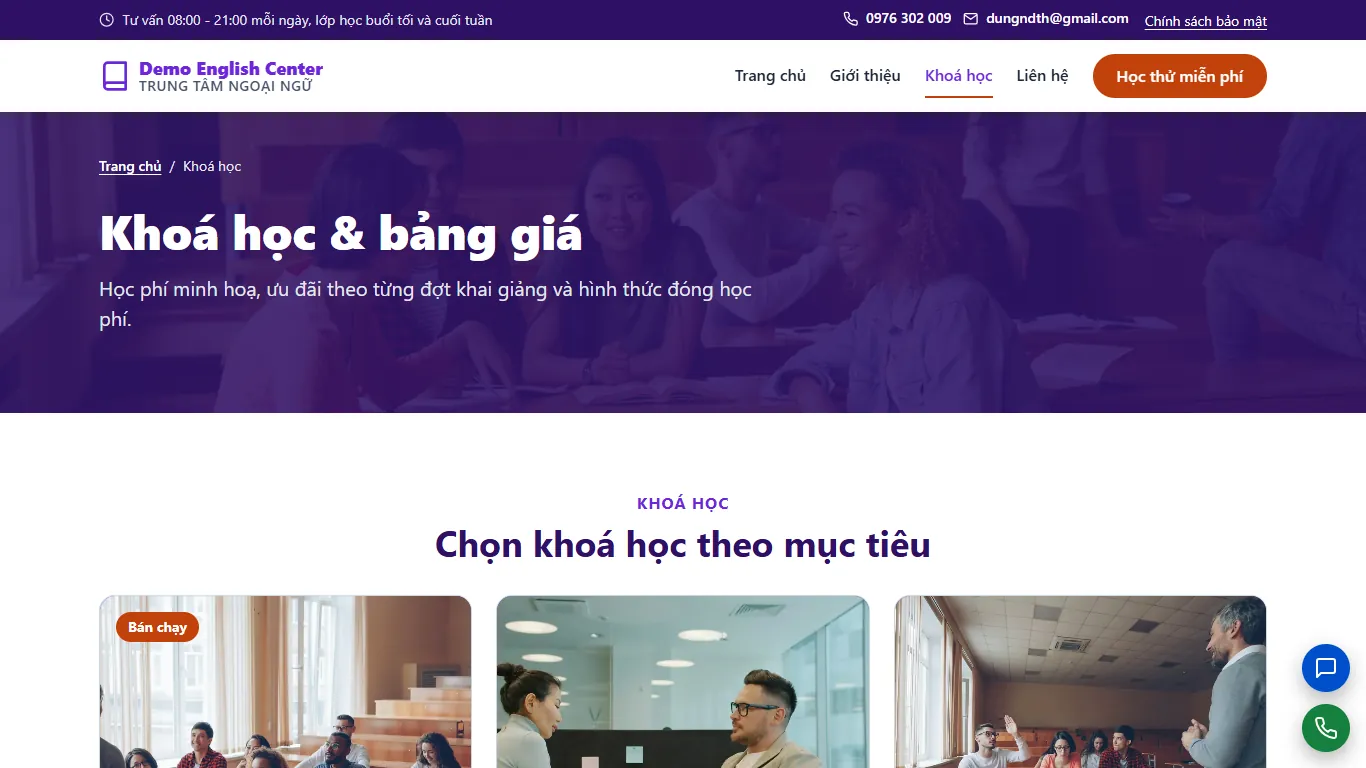 Web tĩnh Trung tâm Ngoại ngữ – Dịch vụ (máy tính)