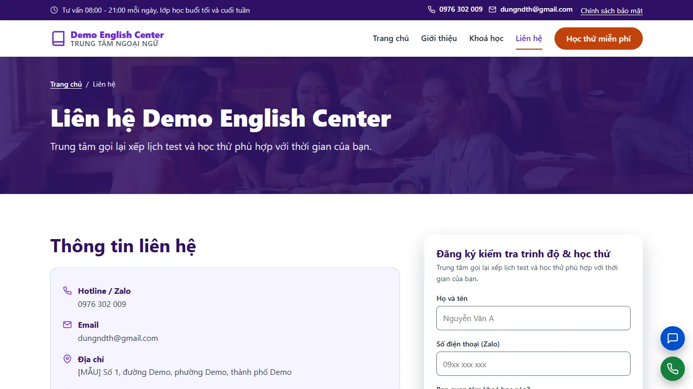 Web tĩnh Trung tâm Ngoại ngữ – lien-he (máy tính)