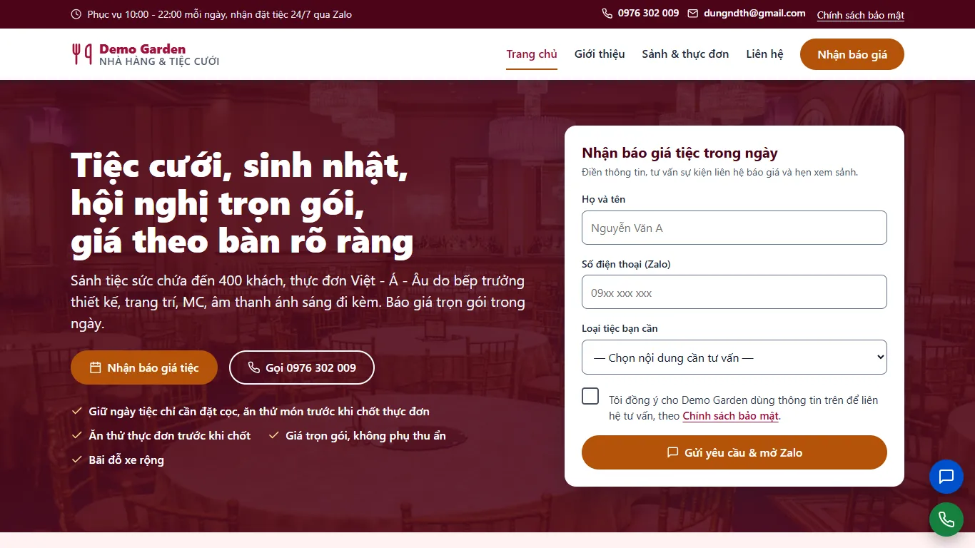 Web tĩnh Nhà hàng & Tiệc cưới – Trang chủ (máy tính)