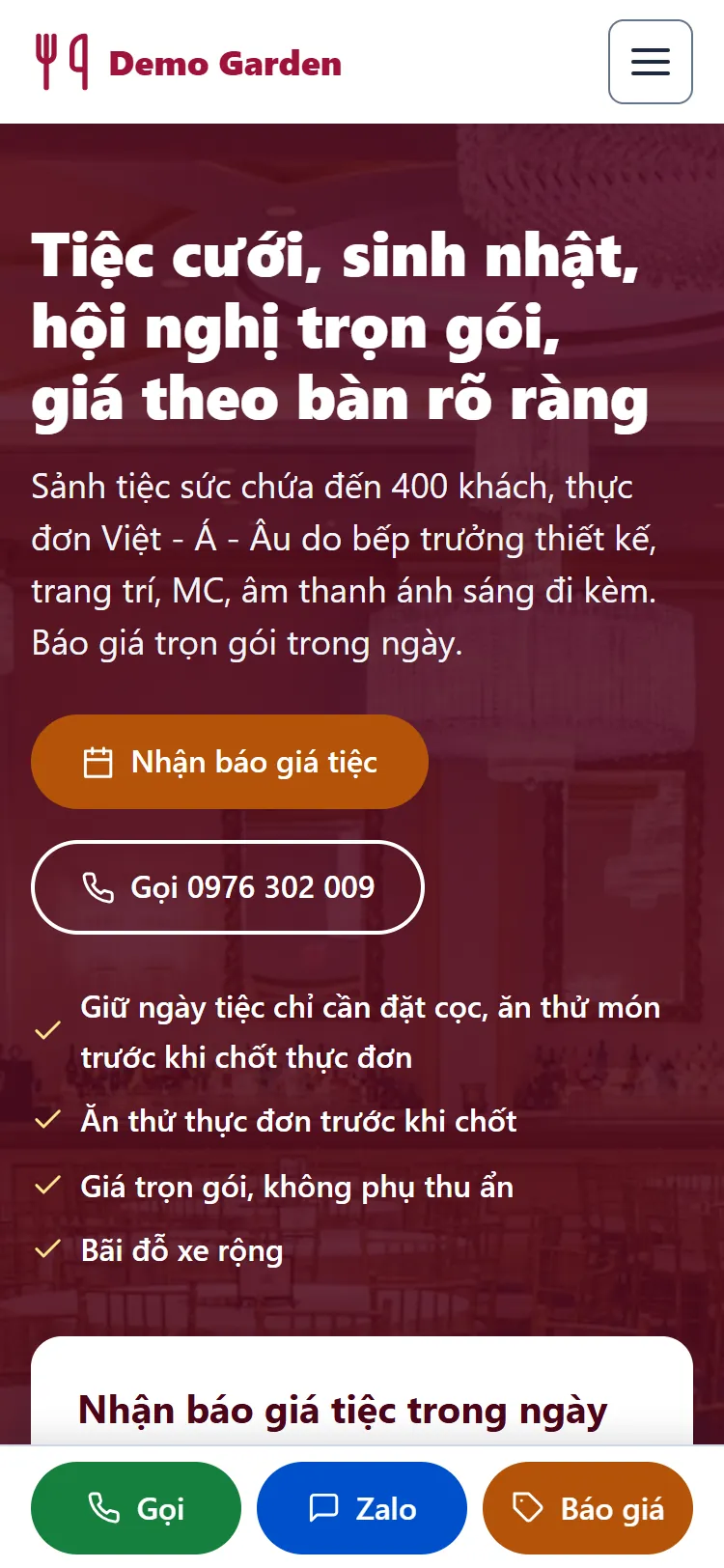 Web tĩnh Nhà hàng & Tiệc cưới – Trang chủ (điện thoại)
