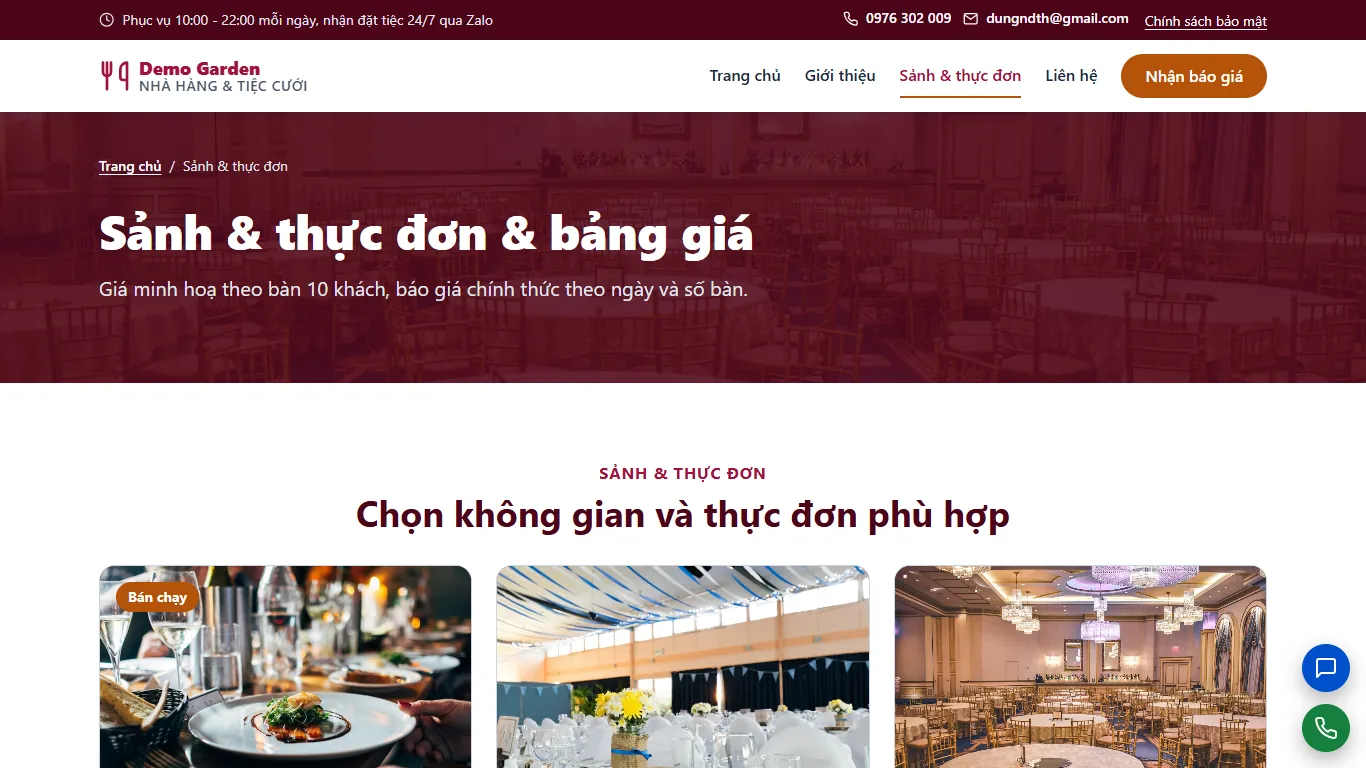 Web tĩnh Nhà hàng & Tiệc cưới – Dịch vụ (máy tính)
