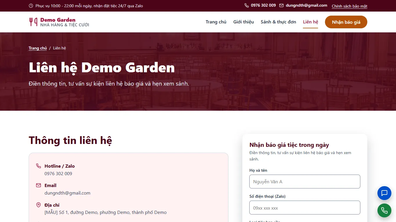 Web tĩnh Nhà hàng & Tiệc cưới – lien-he (máy tính)
