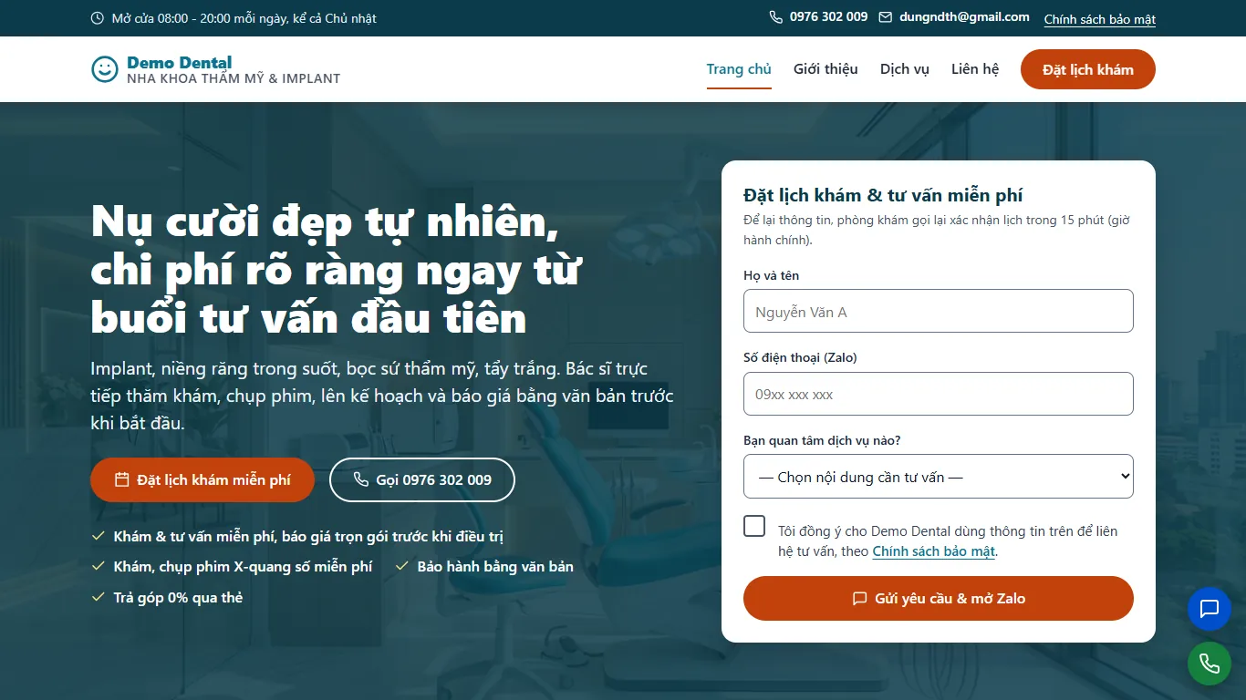 Web tĩnh Nha khoa thẩm mỹ & Implant – Trang chủ (máy tính)