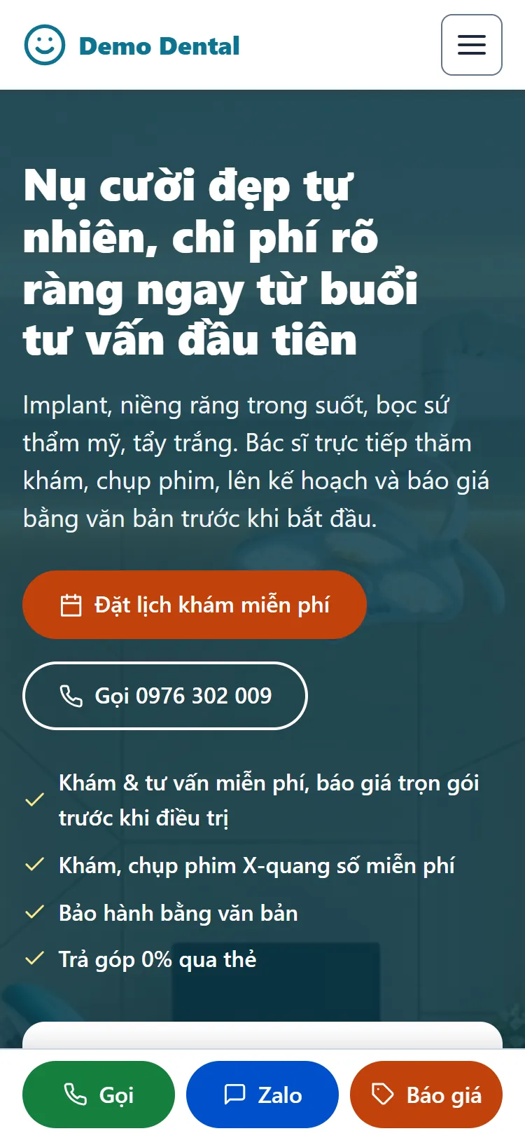 Web tĩnh Nha khoa thẩm mỹ & Implant – Trang chủ (điện thoại)