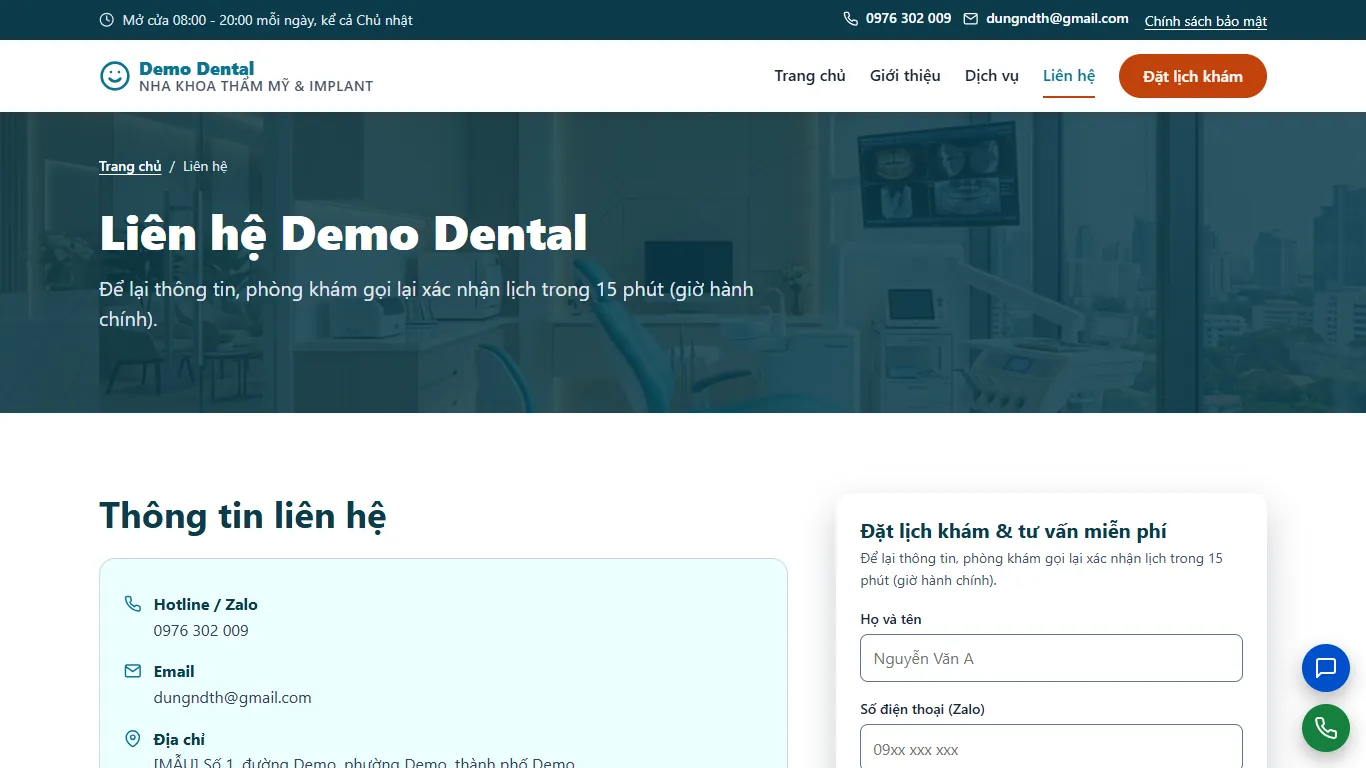 Web tĩnh Nha khoa thẩm mỹ & Implant – lien-he (máy tính)