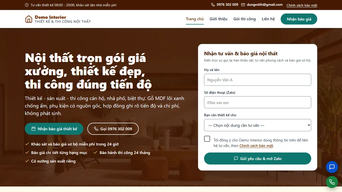 Web tĩnh Thiết kế & Thi công nội thất – Trang chủ (máy tính)