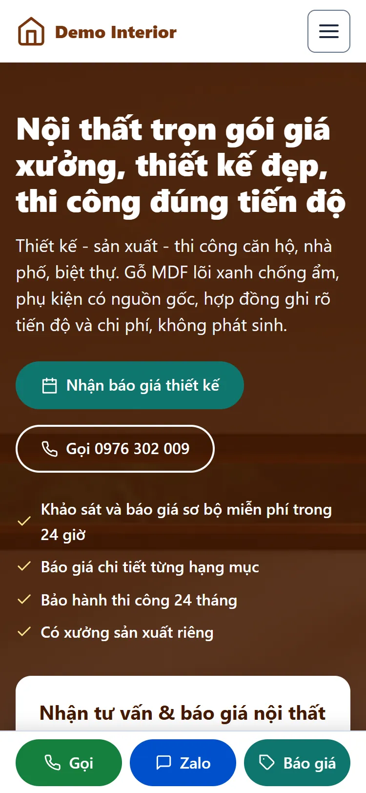 Web tĩnh Thiết kế & Thi công nội thất – Trang chủ (điện thoại)