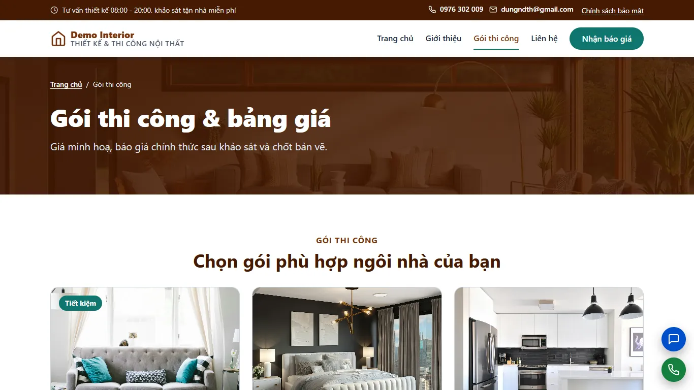 Web tĩnh Thiết kế & Thi công nội thất – Dịch vụ (máy tính)