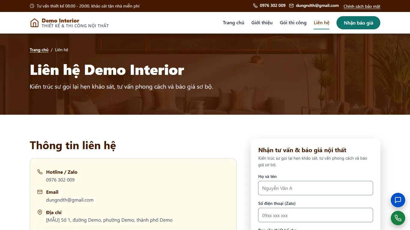 Web tĩnh Thiết kế & Thi công nội thất – lien-he (máy tính)