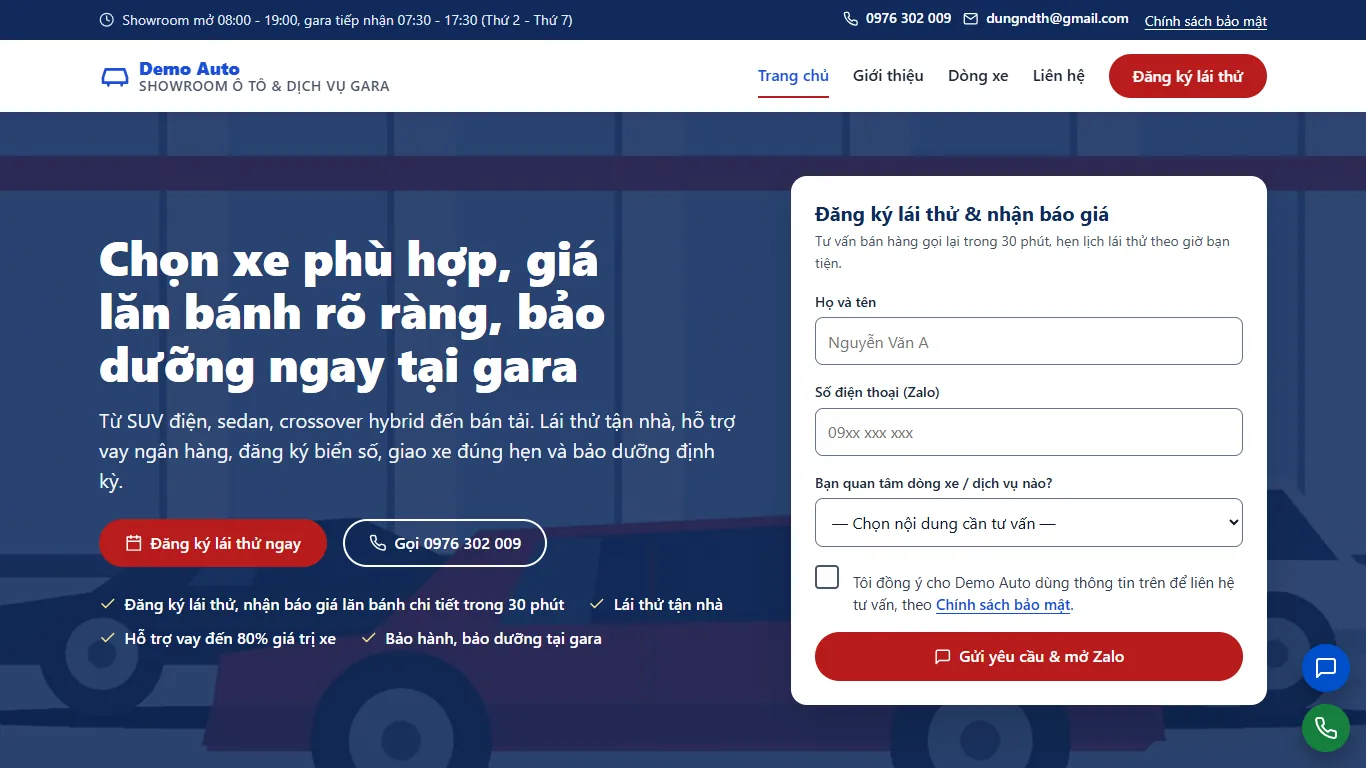 Web tĩnh Showroom ô tô & Dịch vụ gara – Trang chủ (máy tính)