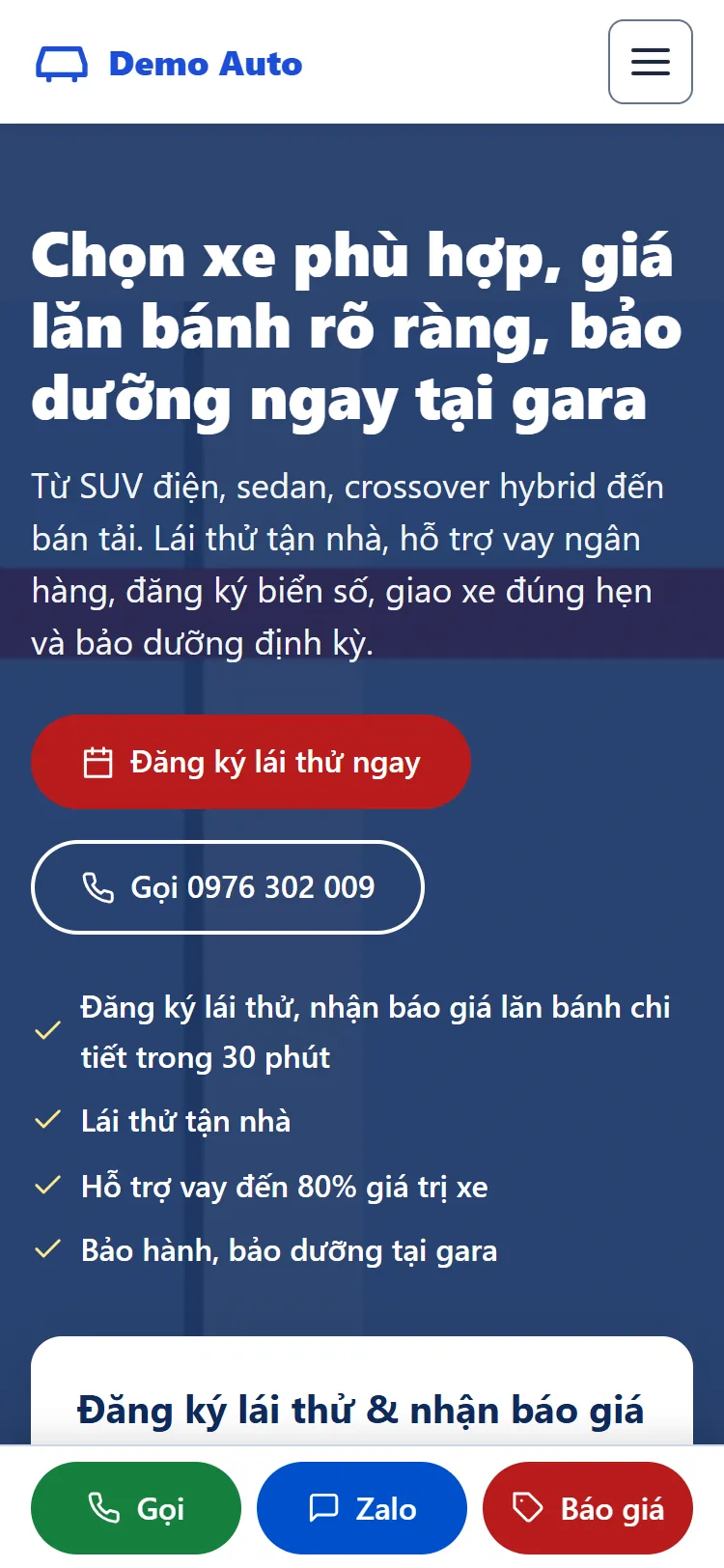 Web tĩnh Showroom ô tô & Dịch vụ gara – Trang chủ (điện thoại)