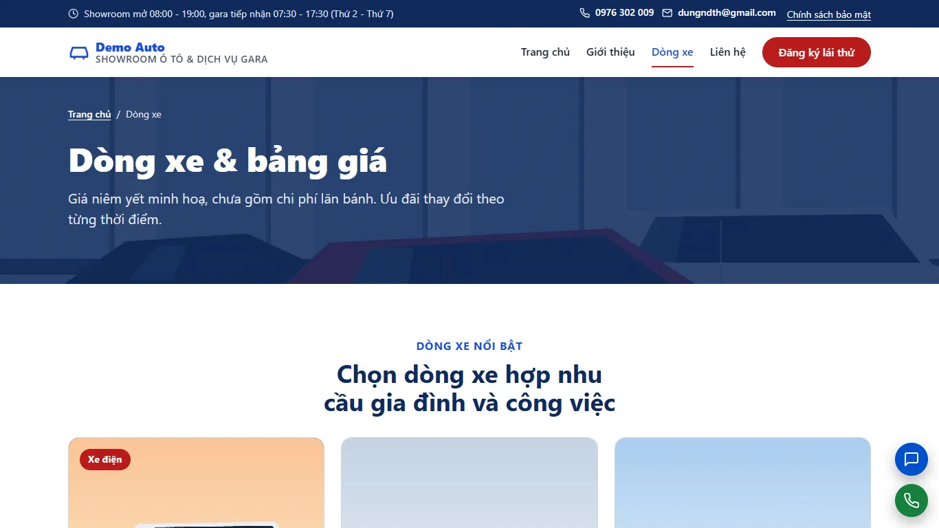 Web tĩnh Showroom ô tô & Dịch vụ gara – Dịch vụ (máy tính)