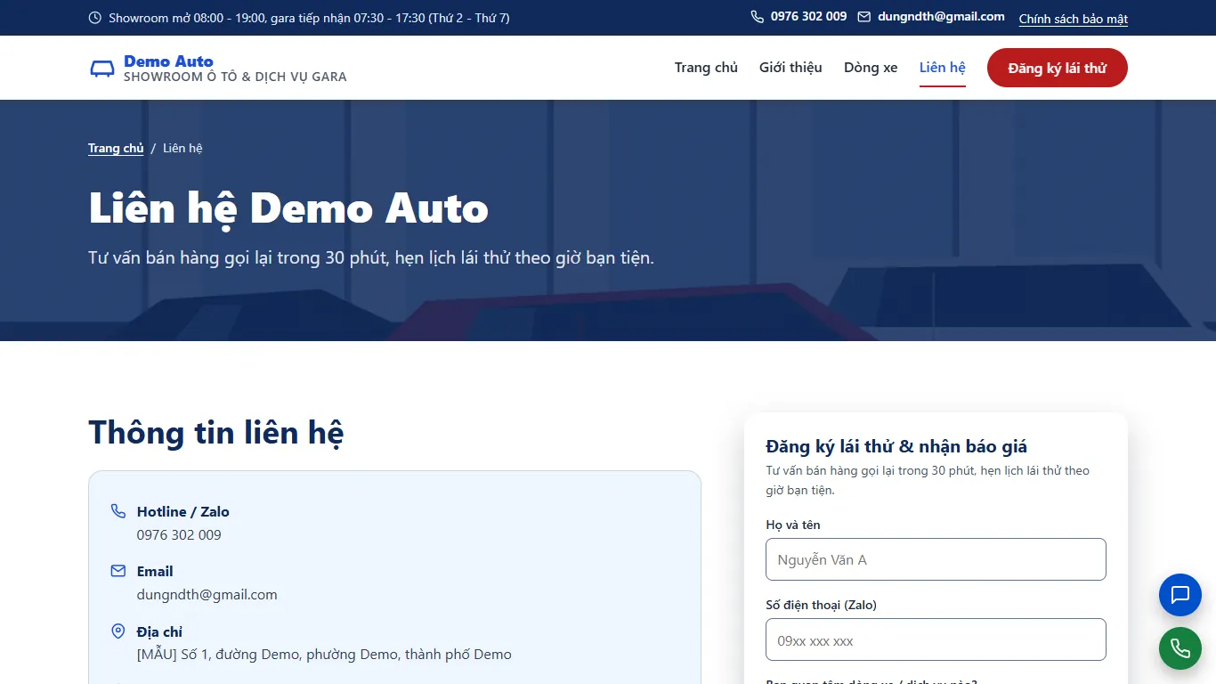 Web tĩnh Showroom ô tô & Dịch vụ gara – lien-he (máy tính)