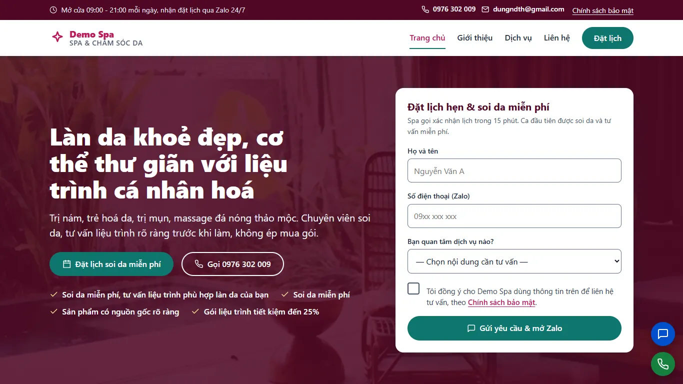 Web tĩnh Spa & Chăm sóc da – Trang chủ (máy tính)