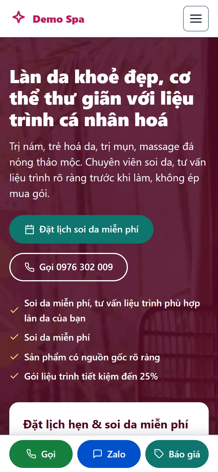 Web tĩnh Spa & Chăm sóc da – Trang chủ (điện thoại)