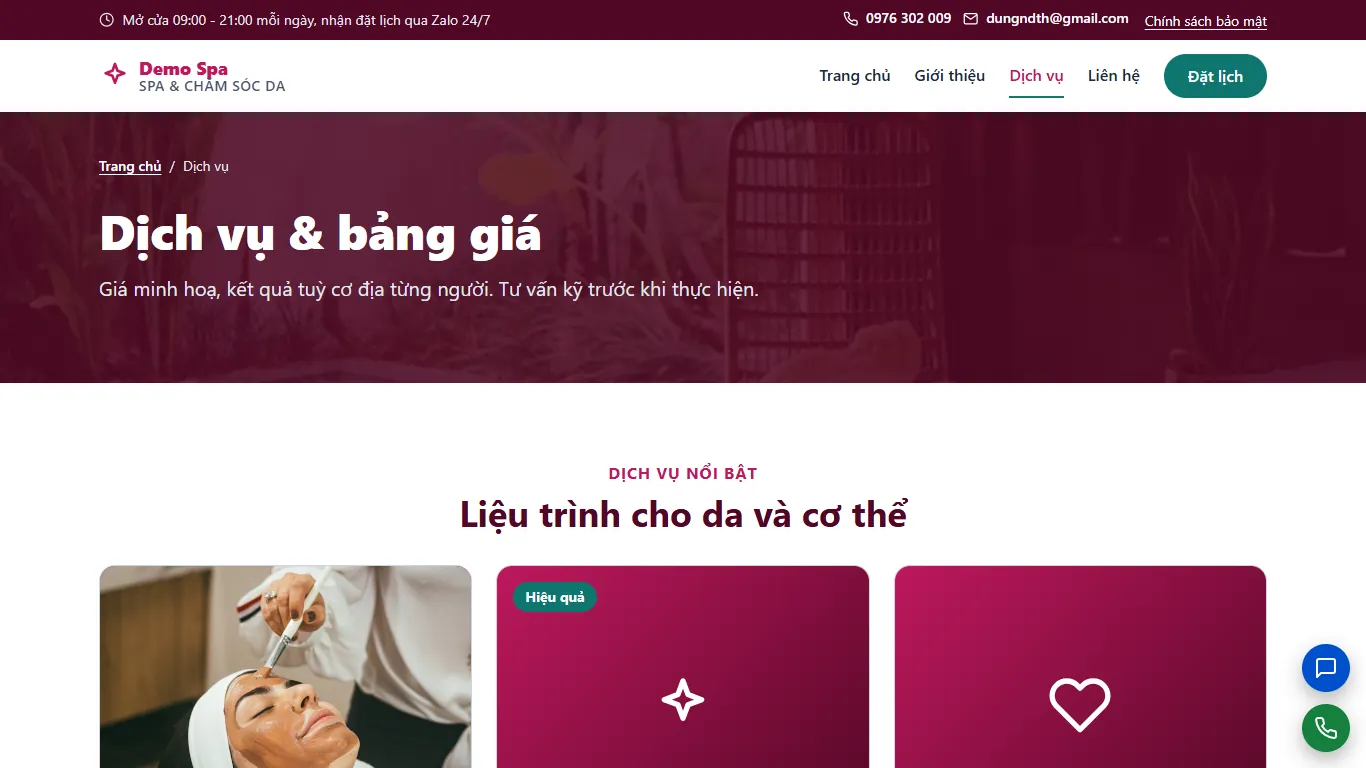 Web tĩnh Spa & Chăm sóc da – Dịch vụ (máy tính)