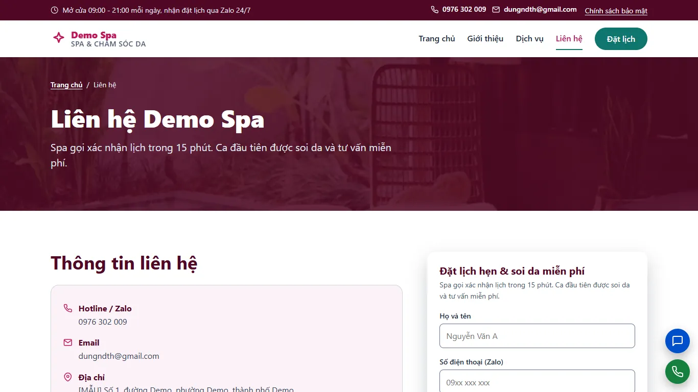 Web tĩnh Spa & Chăm sóc da – lien-he (máy tính)