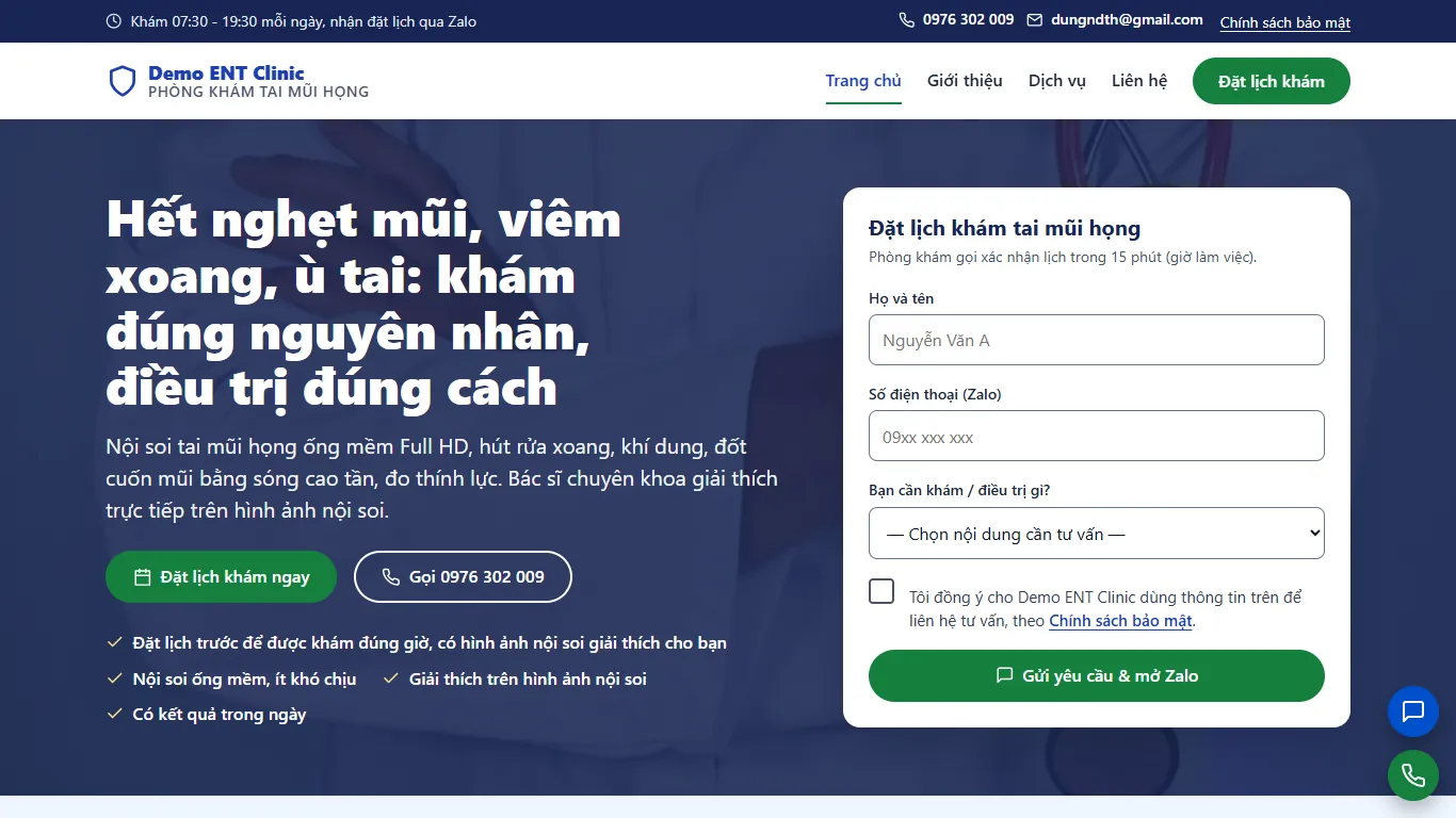 Web tĩnh Phòng khám Tai Mũi Họng – Trang chủ (máy tính)