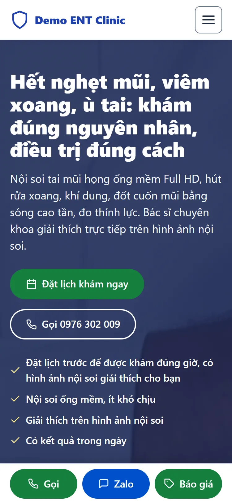 Web tĩnh Phòng khám Tai Mũi Họng – Trang chủ (điện thoại)