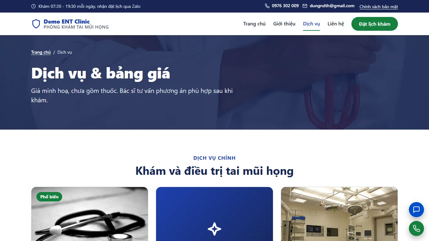 Web tĩnh Phòng khám Tai Mũi Họng – Dịch vụ (máy tính)