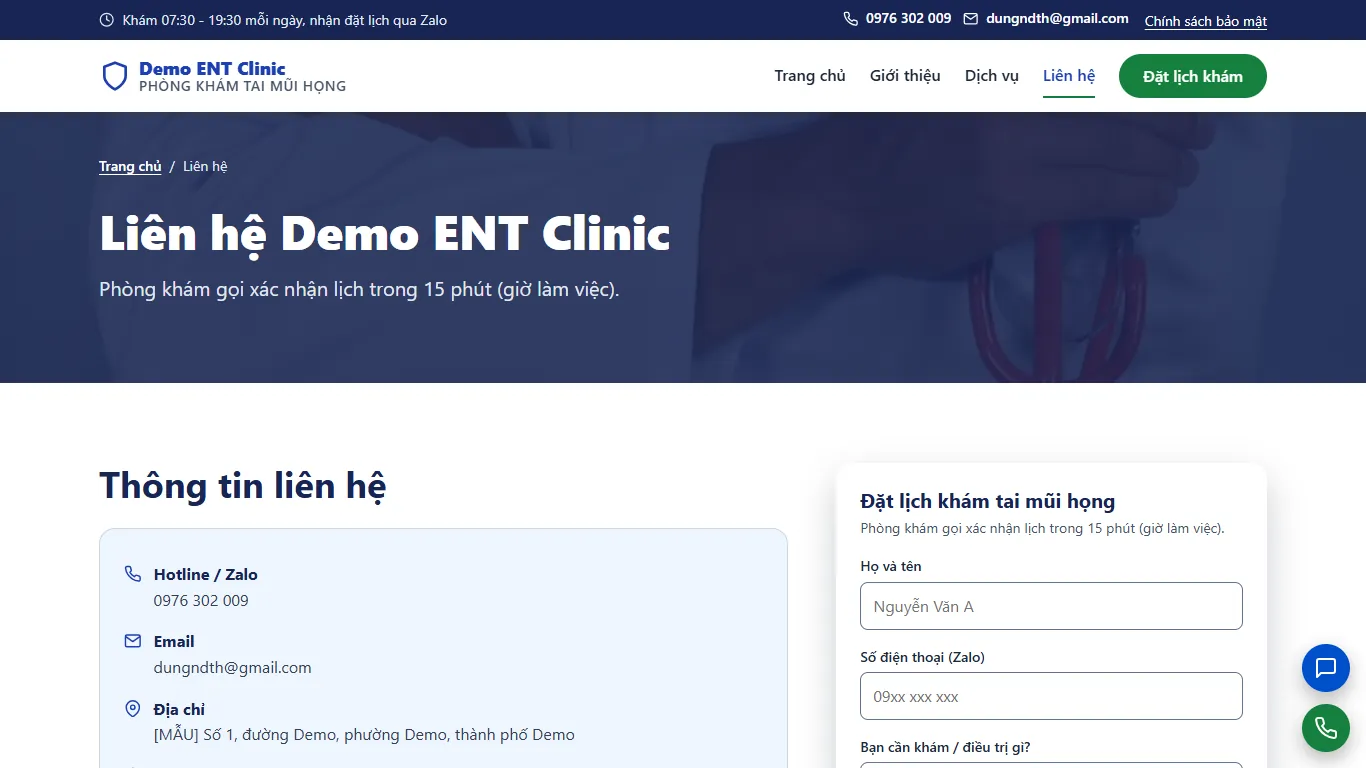 Web tĩnh Phòng khám Tai Mũi Họng – lien-he (máy tính)