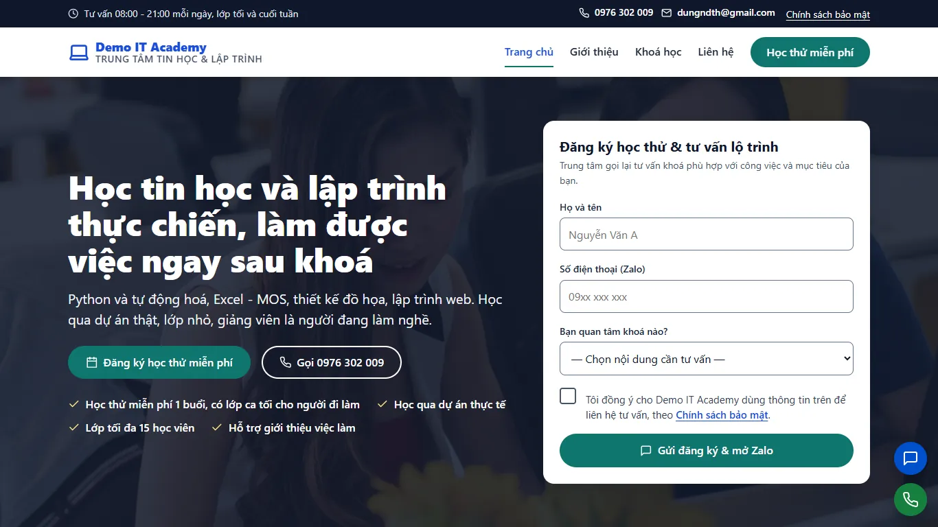 Web tĩnh Trung tâm Tin học & Lập trình – Trang chủ (máy tính)