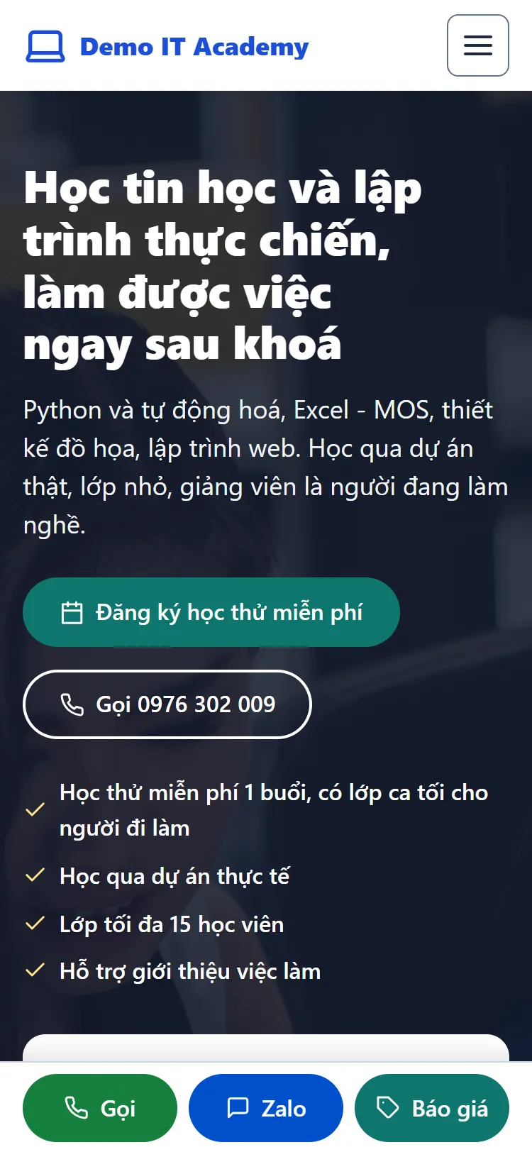 Web tĩnh Trung tâm Tin học & Lập trình – Trang chủ (điện thoại)