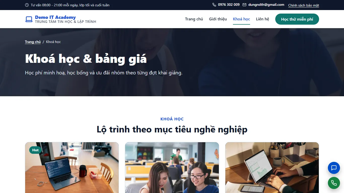 Web tĩnh Trung tâm Tin học & Lập trình – Dịch vụ (máy tính)