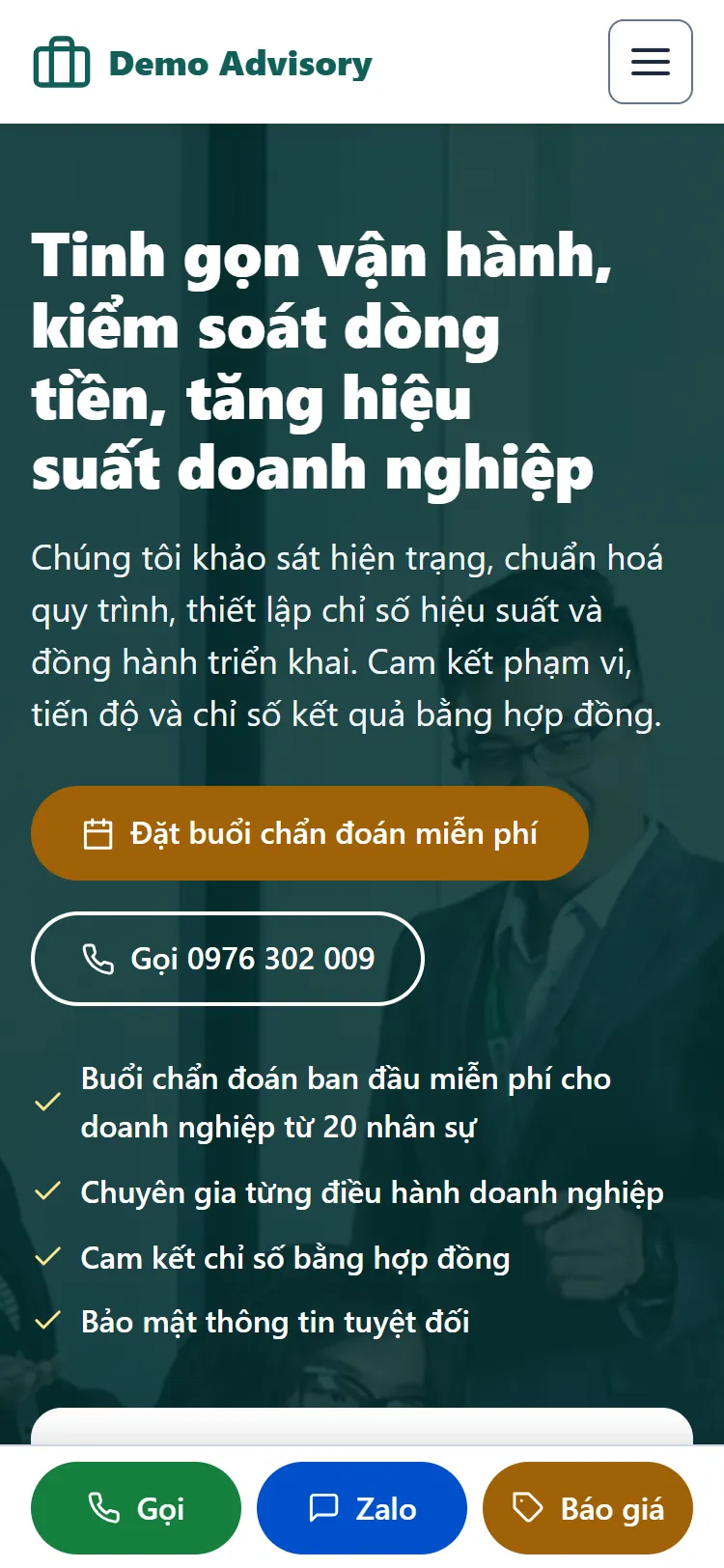 Web tĩnh Tư vấn quản trị & vận hành – Trang chủ (điện thoại)