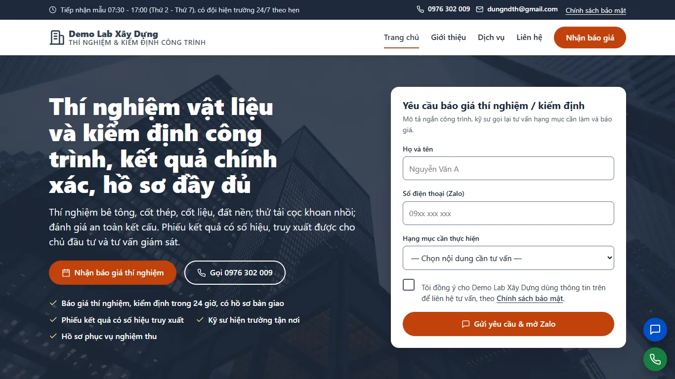 Web tĩnh Thí nghiệm & Kiểm định công trình – Trang chủ (máy tính)